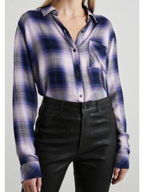 Rails Hunter Orchid Navy Plaid Button Down Shirt Small Purple Blue Rayon